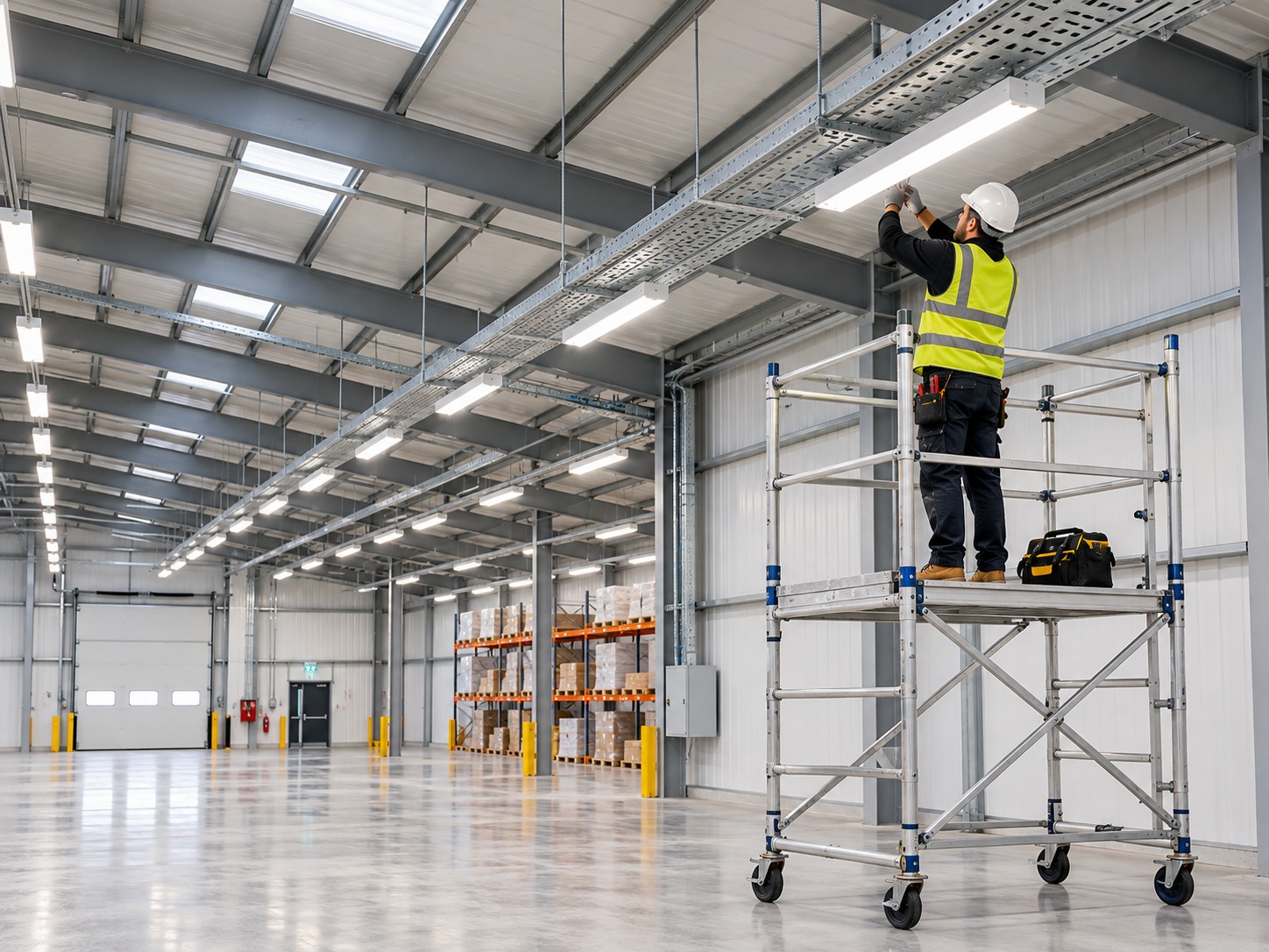 Electrician fitting LED lighting in a warehouse