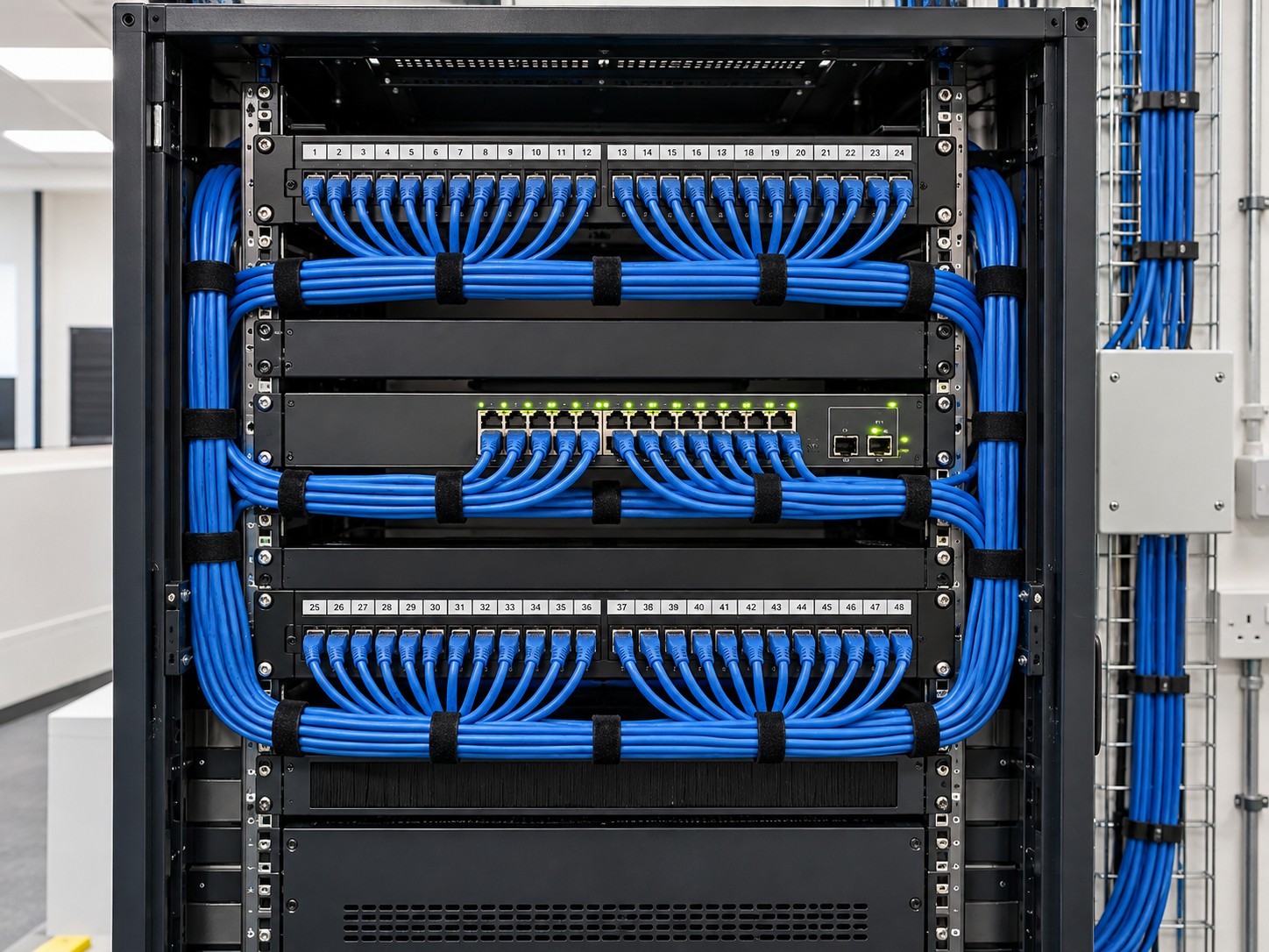 Network cabinet with neat blue data cables