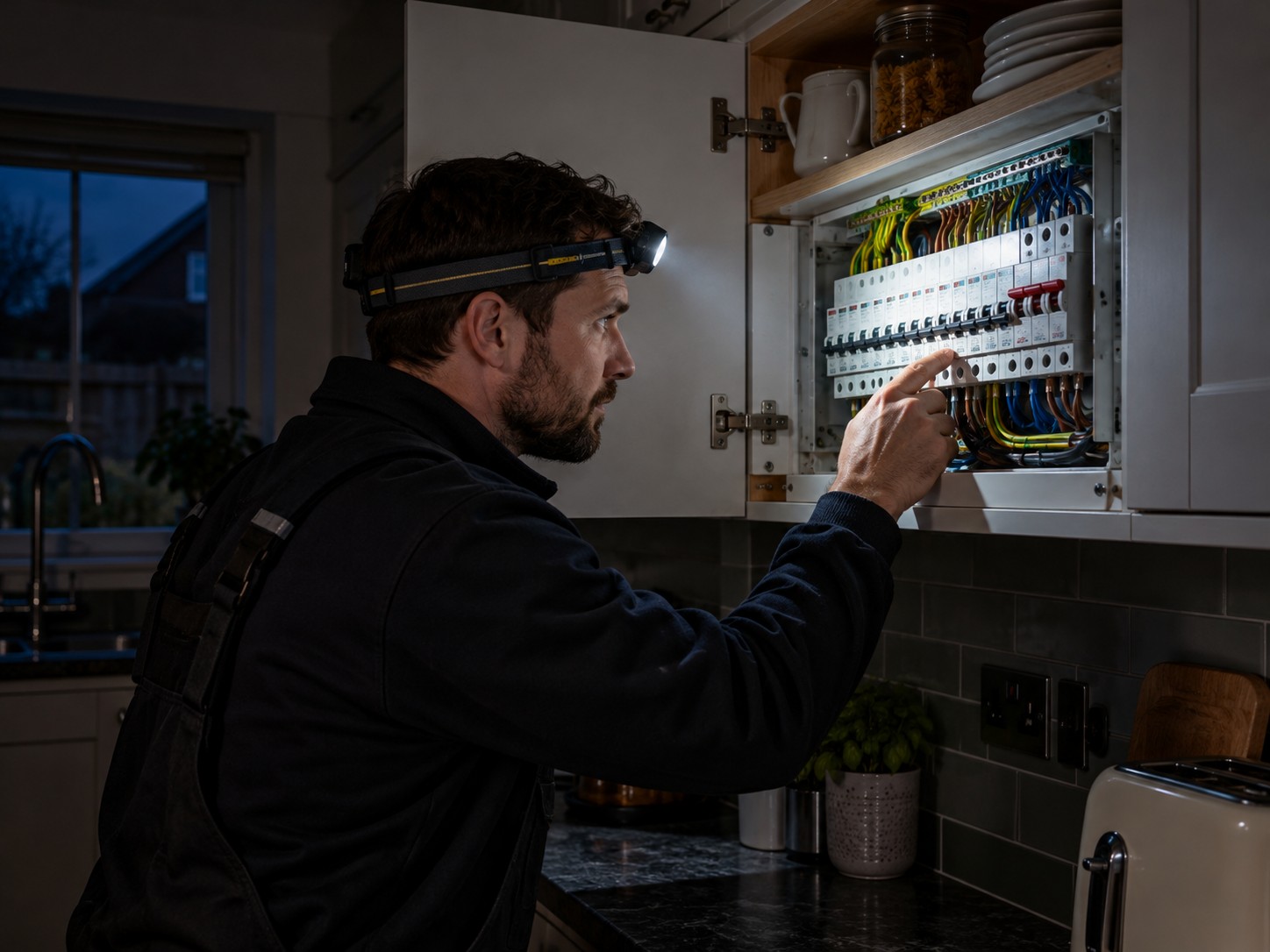 Electrician checking a fuse box by torchlight