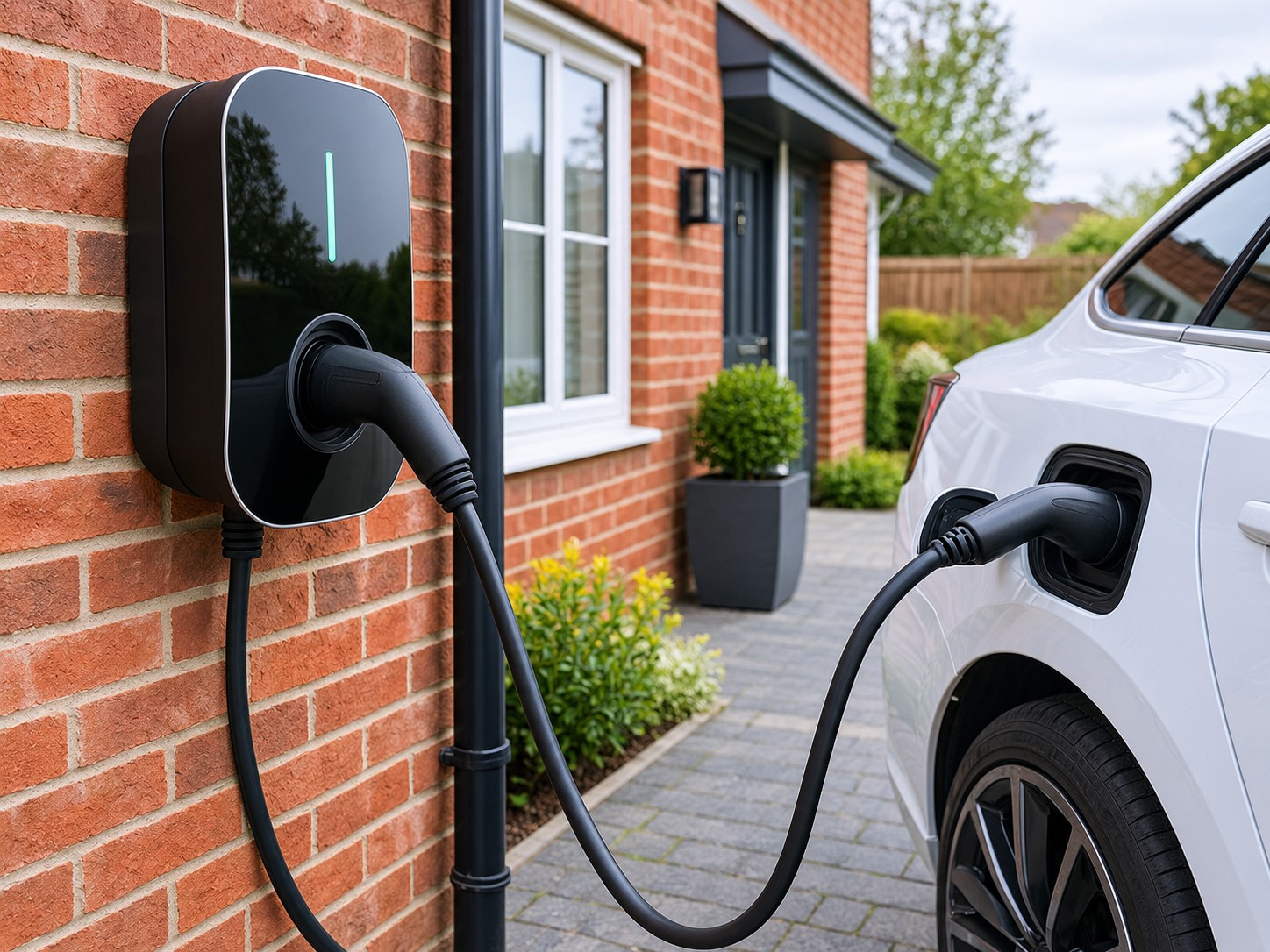 Wall-mounted EV charger charging a car