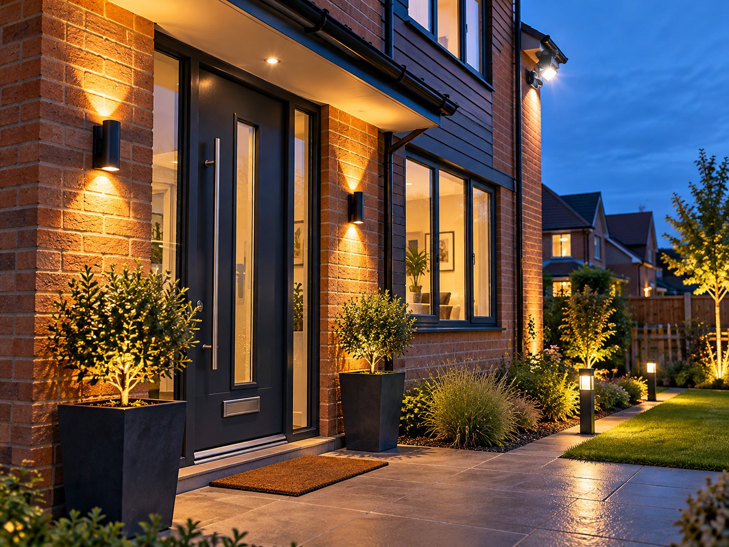 Home lit by outdoor wall and security lights