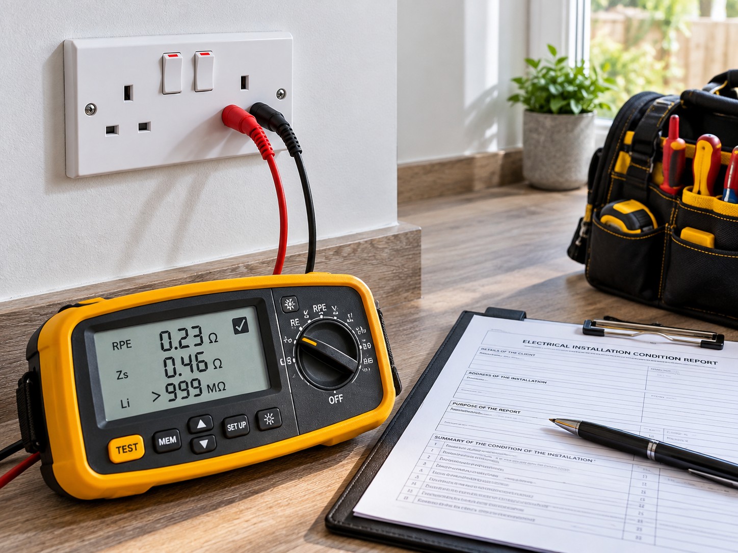 Electrical tester connected to a socket